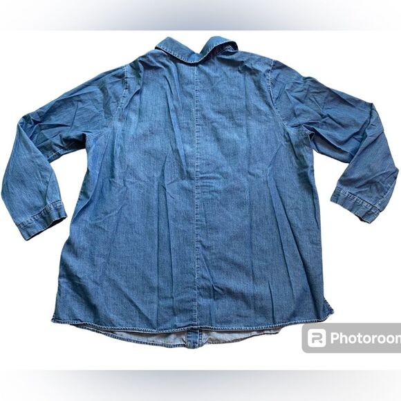 Eloquii Blue Chambray Denim Ruffle Chest Long Sleeve Button Down - Picture 2 of 7